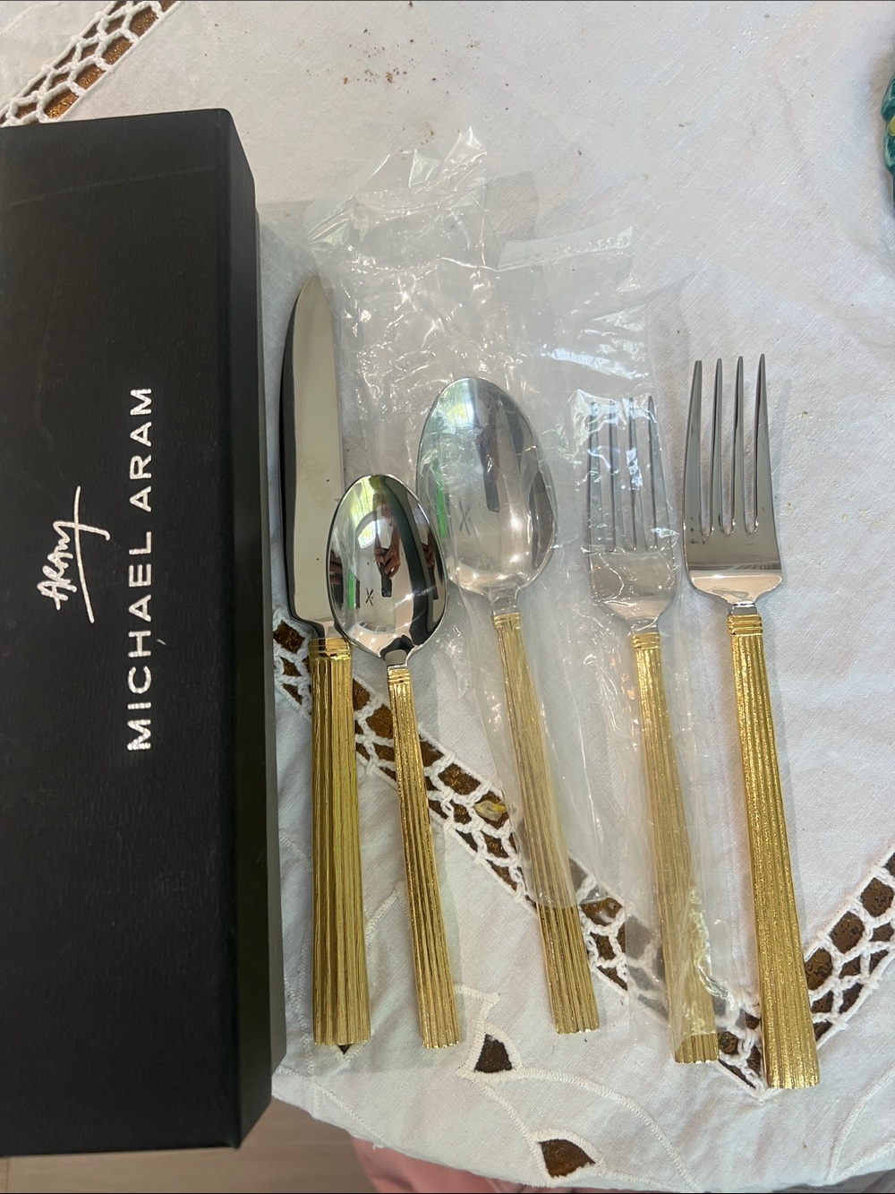 Michael Aram Gold Ribbed Handle Flatware Set with Stainless Heads